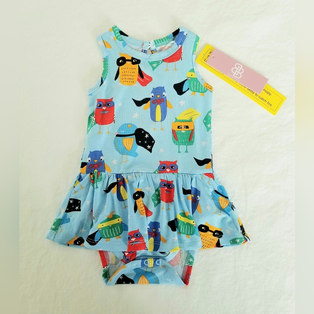 Little Bums Bums Blue Owl Print Ruffle Bodysuit Dress Infants 6-12 Months NWT